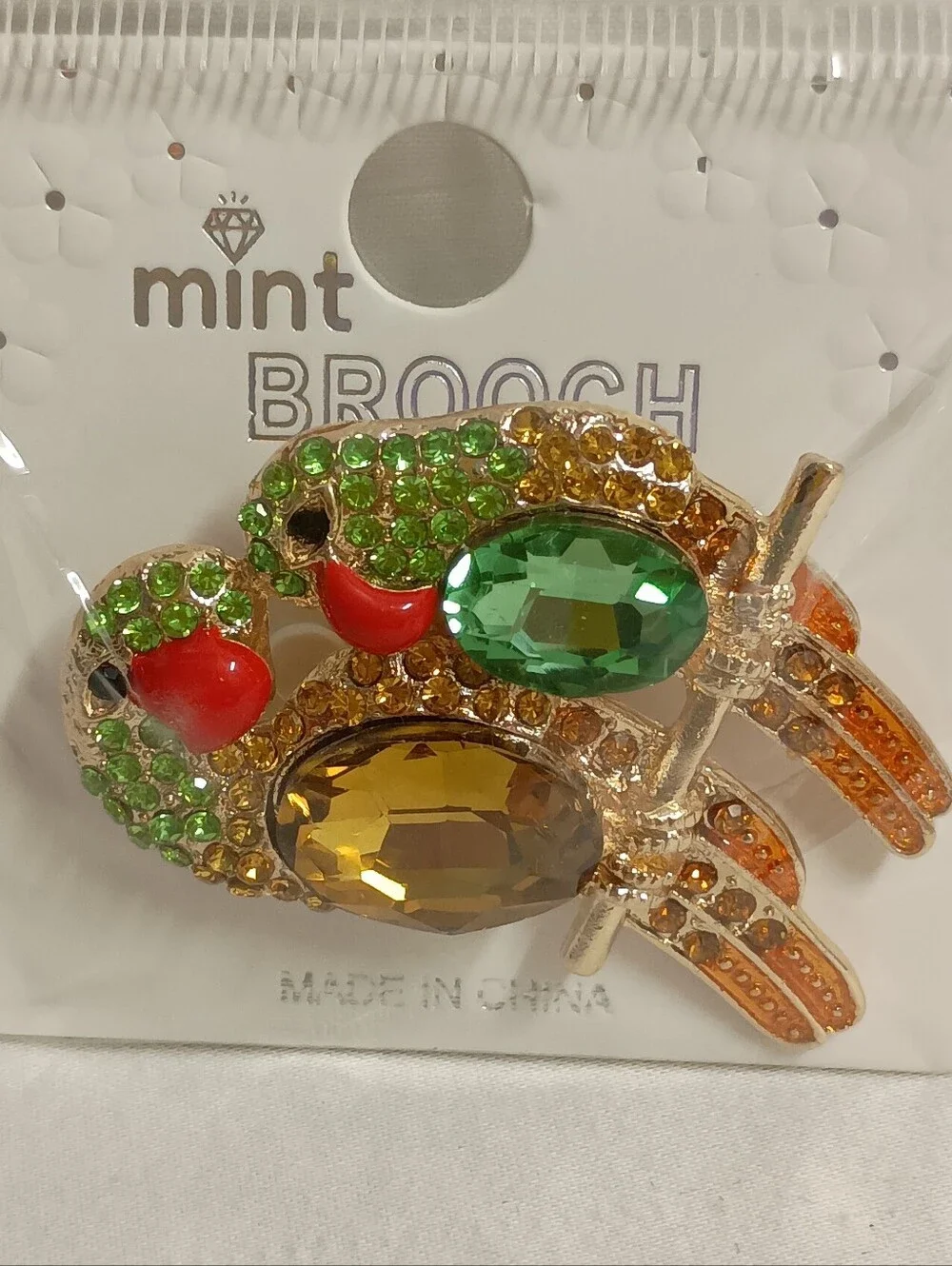 Colorful Rhinestone Parrot Brooch Pin  Gold Tone Tropical Bird Statement Jewelry